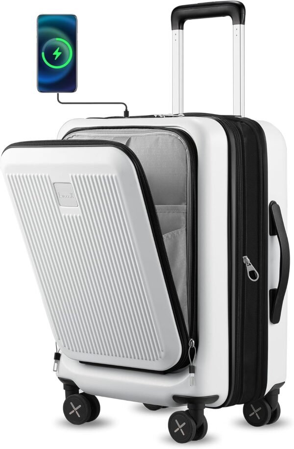 LUGGEX Carry on Luggage 22x14x9 Airline Approved, Expandable PC Hard Shell Suitcase with Front Pocket, Luggage with USB Port (White, 20 Inch, 36.7L) - Image 2