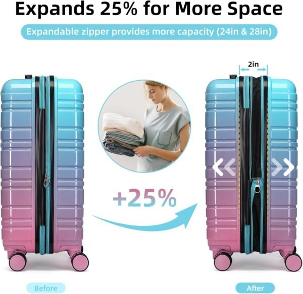 LARVENDER Luggage Sets 6 Piece, Expandable PC+ABS Hardside Multicolor Suitcase Sets with TSA Lock Double Spinner Wheels, Cotton Candy - Image 3