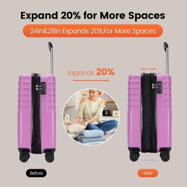 GinzaTravel 3-Piece Luggage Sets Expandable Suitcases with 4 Wheels PC+ABS Durable Hardside Luggage sets TSA lock (Purple, 3-Piece Set(20"/25"/29")) - Image 3