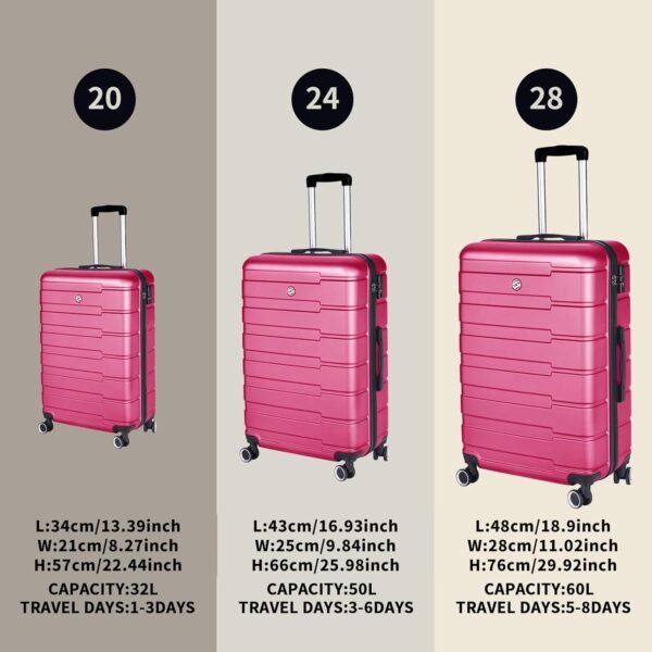 ILLUMINEW Luggage Sets with Durable Lightweight Carry-On Suitcases, Spinner Wheels, and TSA-Approved Lock (LOGO, Rose Red, 20/24/28) - Image 7