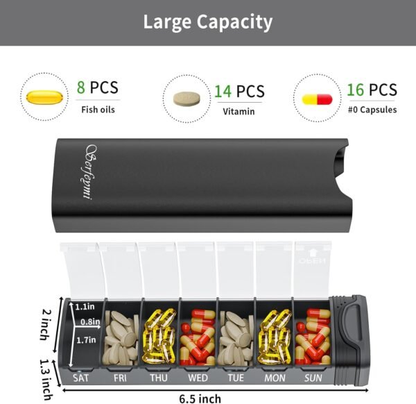 Metal Weekly Pill Organizer, Serfeymi Aluminum Daily Pill Box(Spare Gasket Provided),7 Day Pill Case Travel Medicine Organizer,Pill Containers with Individual Lid for Vitamins,Pills, Supplement-Black - Image 7