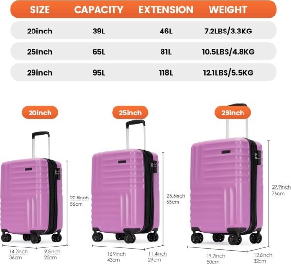GinzaTravel 3-Piece Luggage Sets Expandable Suitcases with 4 Wheels PC+ABS Durable Hardside Luggage sets TSA lock (Purple, 3-Piece Set(20"/25"/29")) - Image 4