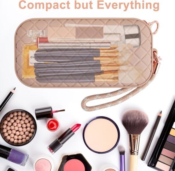 Portable Travel Makeup Bag,Soft Silicone Waterproof Toiletry Cosmetic Bag for Women,Upgrade Anti-Fall Out Zipper Closure Organizer Makeup Case -(Khaki) - Image 5