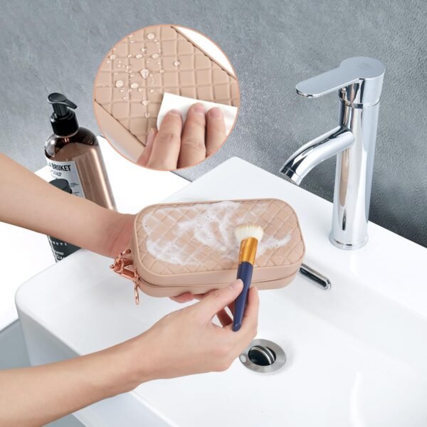 Portable Travel Makeup Bag,Soft Silicone Waterproof Toiletry Cosmetic Bag for Women,Upgrade Anti-Fall Out Zipper Closure Organizer Makeup Case -(Khaki) - Image 4