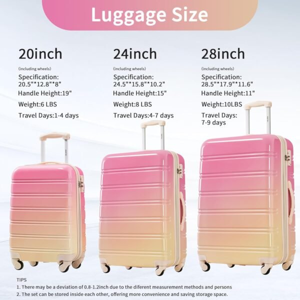 Merax Suitcase Set, Hardshell Luggage Sets 3 Piece with Spinner Wheels, Expandable Gradient Color Suitcase with TSA Lock Lightweight 20" 24" 28", Pink and Yellow - Image 3