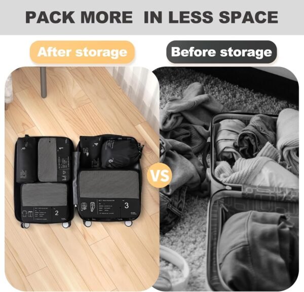 6 Set Packing Cubes for Travel, Compression Packing Cubes, Portable Suitcase Organizer for Travel Accessories, Luggage Organizer Bags for Carry On Suitcases, Suitcase Organizer (Black) - Image 6