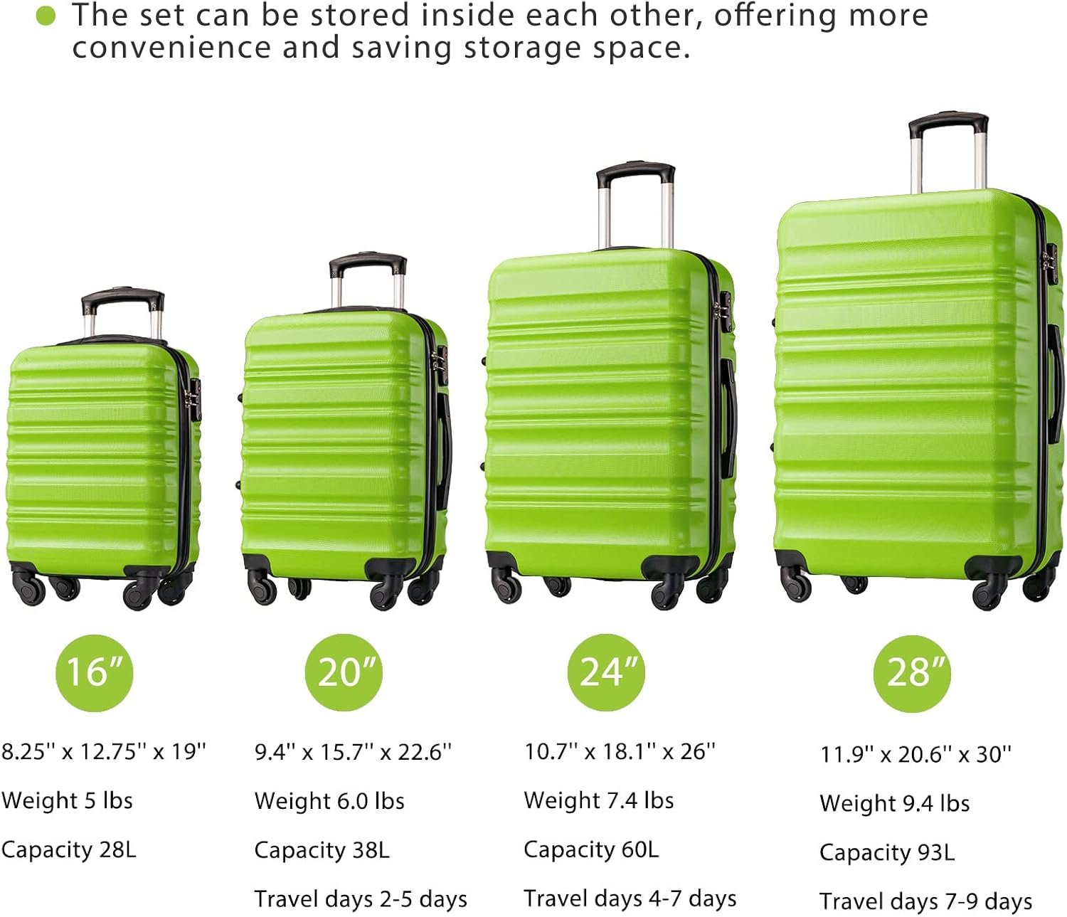 LONG VACATION Luggage Set 4 Piece Luggage with ABS hardshell TSA Lock Spinner Wheels Carry on Suitcase (APPLE GREEN, 6 piece set) - Image 8