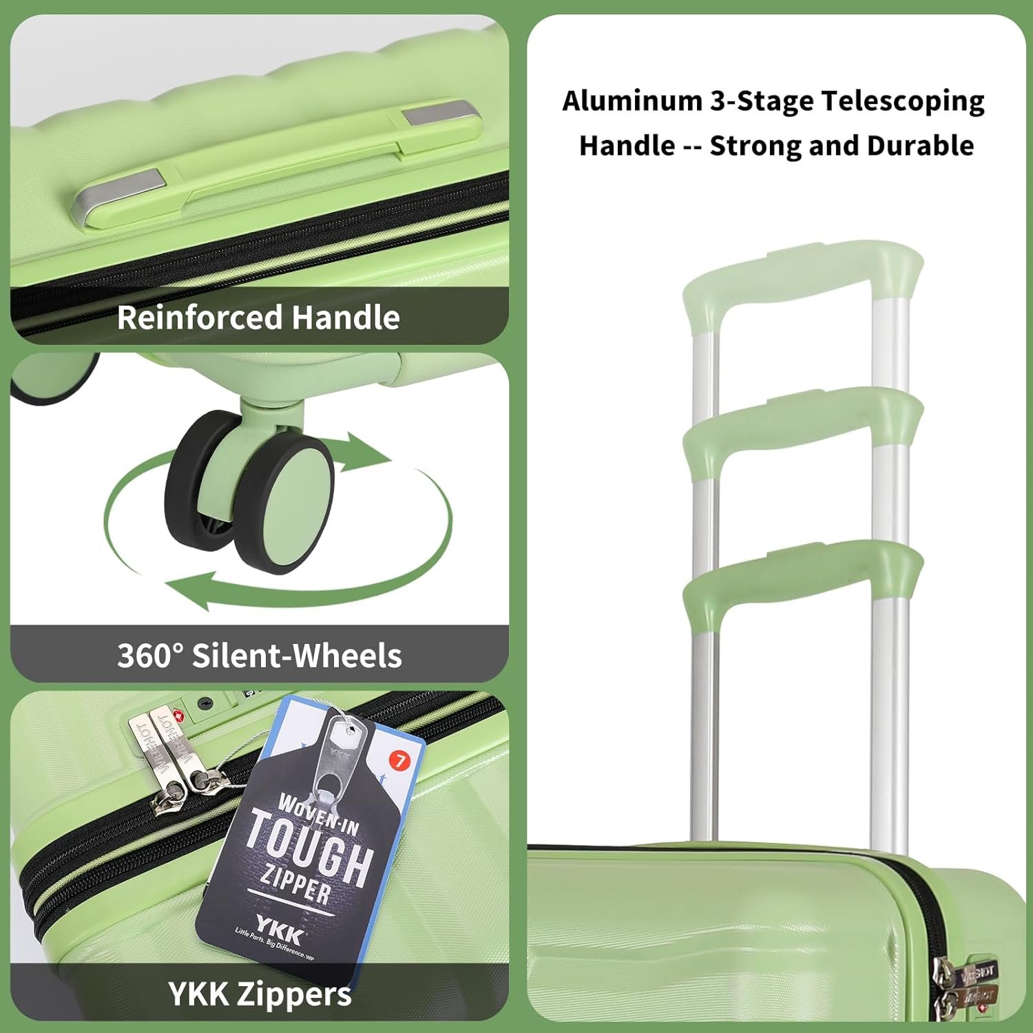 Lightweight Luggage with Spinner Wheels & YKK Zipper, 3-Piece Suitcase ABS+PC Hardside Luggage Set with TSA Lock, Light Avocado Green (20+24+28 inch) - Image 8