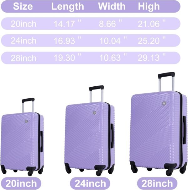 Luggage Sets 3 Piece, Hardside PC ABS Suitcase Set with Spinner Wheels, Lightweight Travel Carry-on and Checked Luggage, lavender Purple, 3-Piece Set(20/24/28) - Image 7