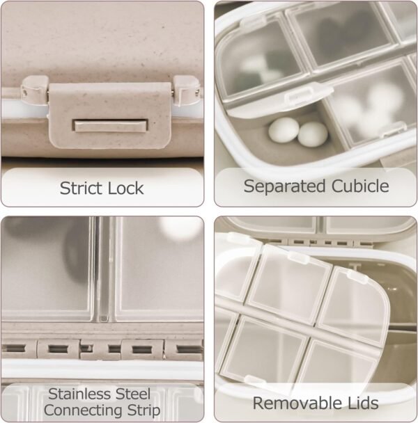 1Pack Travel Pill Organizer, 8 Compartments Portable Pill Case, Small Pill Box for Pocket Purse Portable Medicine Vitamin Container Beige - Image 6