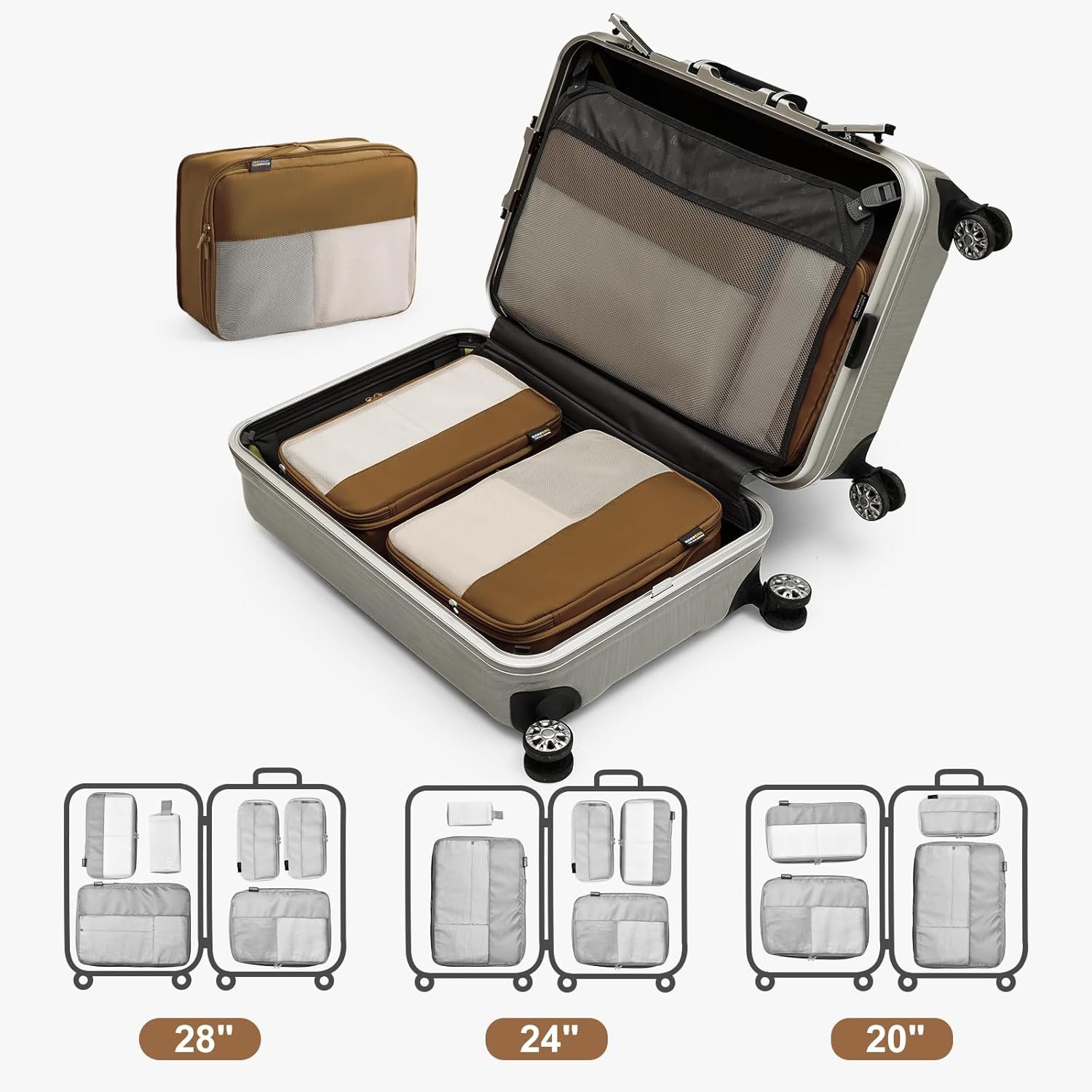 6 Set Compression Packing Cubes for Travel Essentials, Luggage Organizers for Carry On Suitcases, Space Saving Storage Bags (Dark Brown) - Image 8
