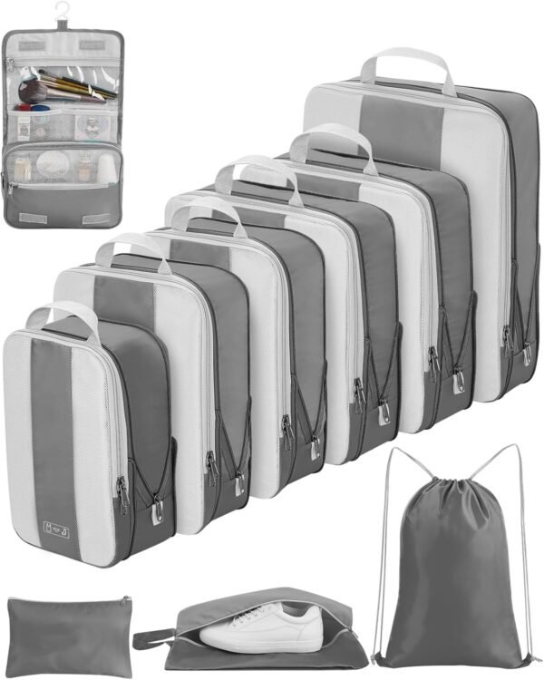 10 Set Compression Packing Cubes for Travel Essentials,Compressible Expandable Packing Cubes for Suitcase,OlarHike Luggage Organizer Bags for Travel,Handy Helper for Organizing Clothes(Grey) - Image 2
