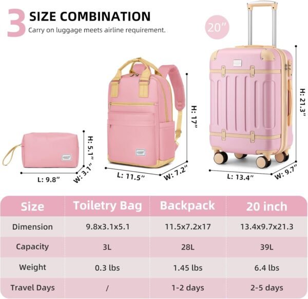 LARVENDER Luggage Sets 3 Piece Expandable Carry on Luggage 22x14x9 Airline Approved Hardshell Suitcase with Wheels TSA Lock, Lightweight Suitcase Set for Women with Travel Backpack, Pink - Image 6