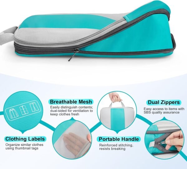 10 Set Compression Packing Cubes for Travel Essentials,Compressible Expandable Packing Cubes for Suitcase,OlarHike Luggage Organizer Bags for Travel,Handy Helper for Organizing Clothes(Cyan) - Image 7