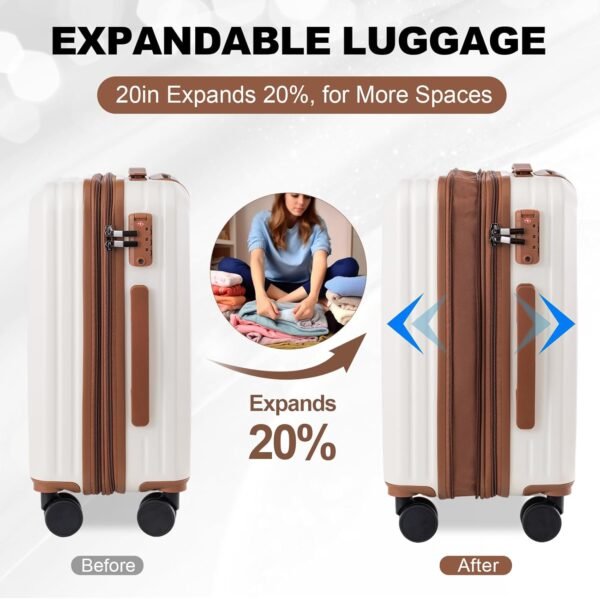 OUZZO PC Luggage Set 3 Piece,Travel Carry-on Luggage,TSA Approved Lock,Rolling Expandable Carry On Luggage For Plane, 22x14x9 Airline Approved,Hardshell Luggage,20-Inch Suitcases with Wheels,White - Image 6