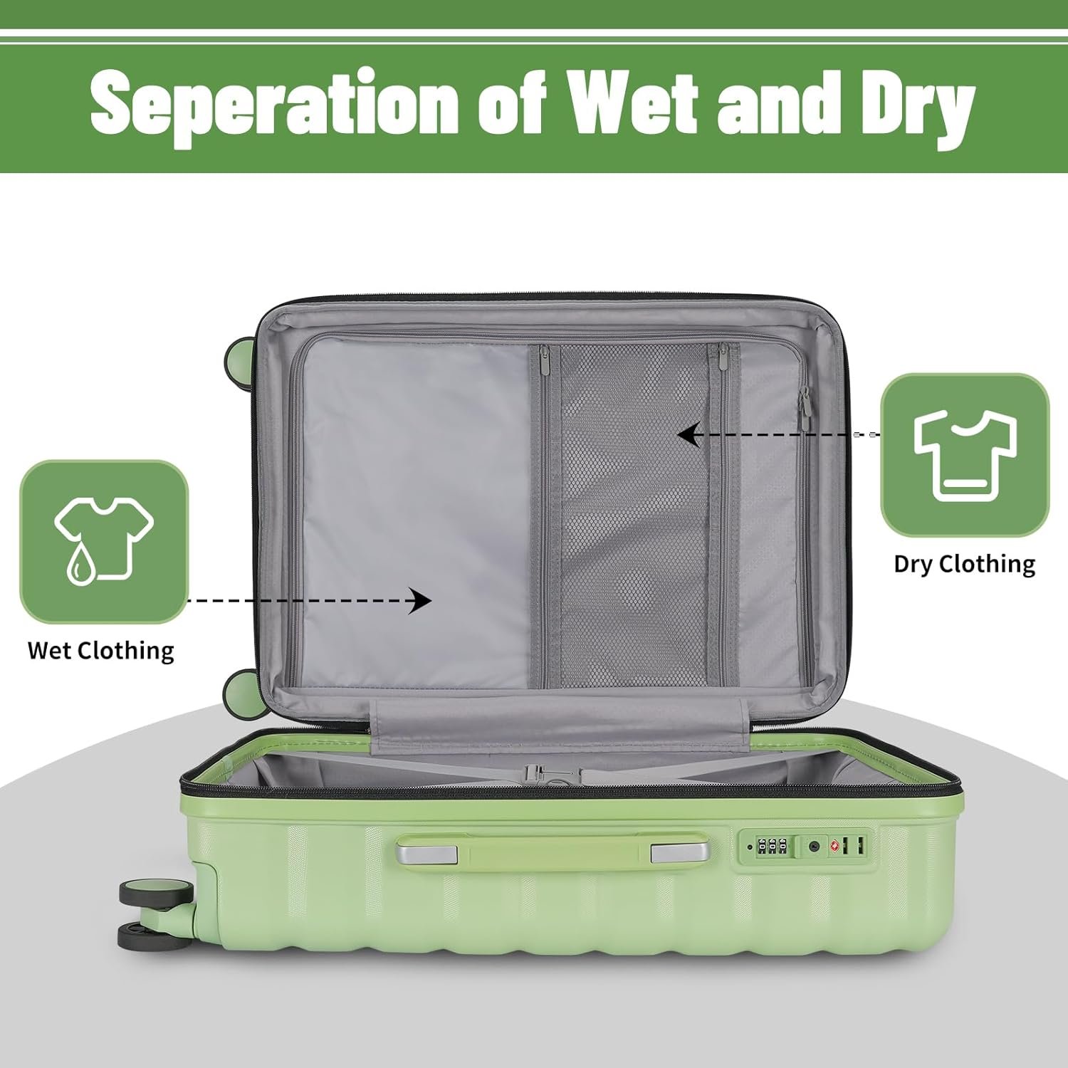 Lightweight Luggage with Spinner Wheels & YKK Zipper, 3-Piece Suitcase ABS+PC Hardside Luggage Set with TSA Lock, Light Avocado Green (20+24+28 inch) - Image 7