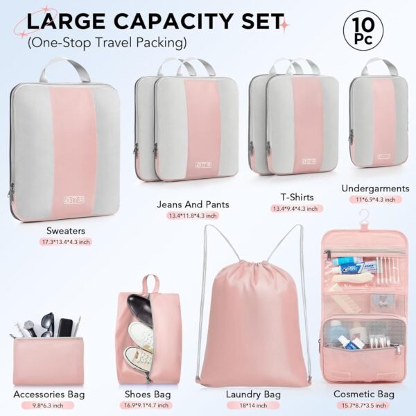 10 Set Compression Packing Cubes for Travel Essentials,Compressible Expandable Packing Cubes for Suitcase,OlarHike Luggage Organizer Bags for Travel,Handy Helper for Organizing Clothes(Pink) - Image 3