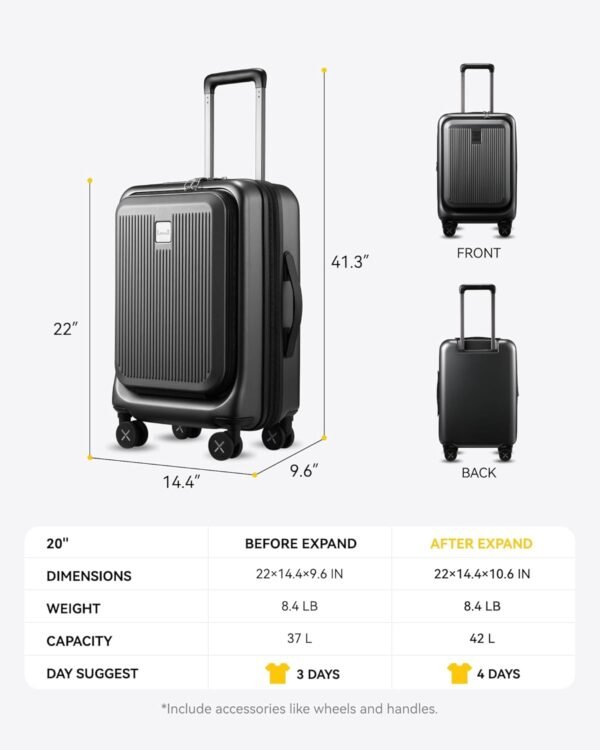 LUGGEX Carry on Luggage 22x14x9 Airline Approved, Expandable PC Hard Shell Suitcase with Front Pocket, Luggage with USB Port (White, 20 Inch, 36.7L) - Image 9