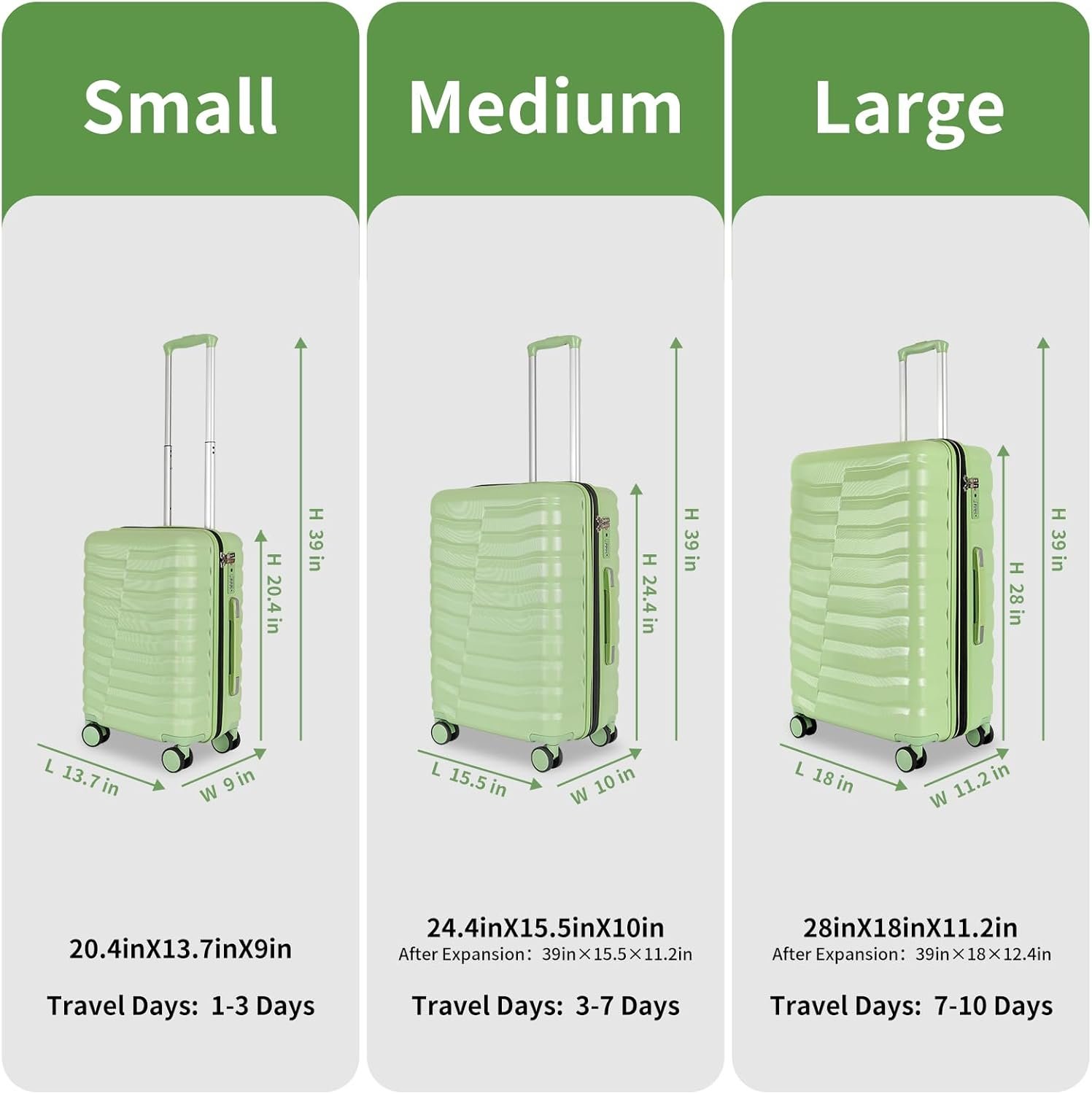 Lightweight Luggage with Spinner Wheels & YKK Zipper, 3-Piece Suitcase ABS+PC Hardside Luggage Set with TSA Lock, Light Avocado Green (20+24+28 inch) - Image 3