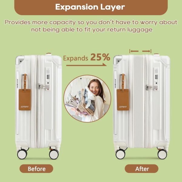 Joyway 20in Carry On Luggage with Cup Holder and USB Port, 25% Expandable Capacity, Smart Suitcase with Anti Slip Wheels and Handbag, Perfect for Men and Women 3 Piece Set White - Image 5