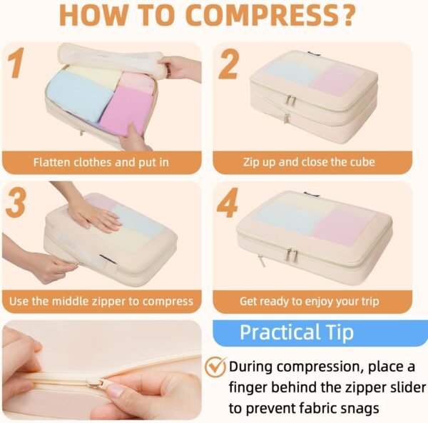 BAGAIL 4 Set/6 Set/8 Set Compression Packing Cubes Travel Accessories Expandable Packing Organizers(Beige SquareMesh 6 Set) - Image 5