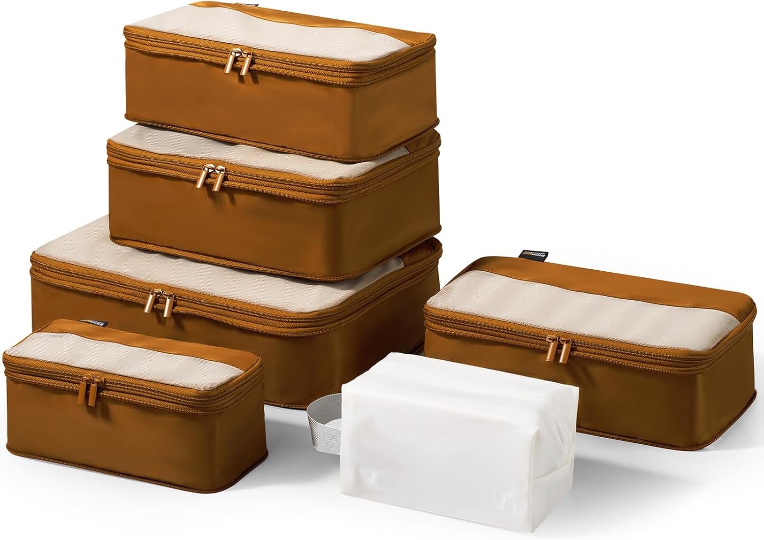 6 Set Compression Packing Cubes for Travel Essentials, Luggage Organizers for Carry On Suitcases, Space Saving Storage Bags (Dark Brown) - Image 2