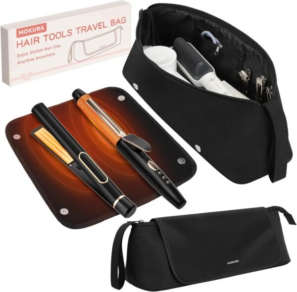 MOKURA Hot Hair Tools Travel Bag with Heat Resistant Mat Removable, Hair Accessories Organizer Case, Women Travel Essentials, Storage Pouch for Curling Iron Straightener Flat Iron Hair Dryer, Black - Image 2