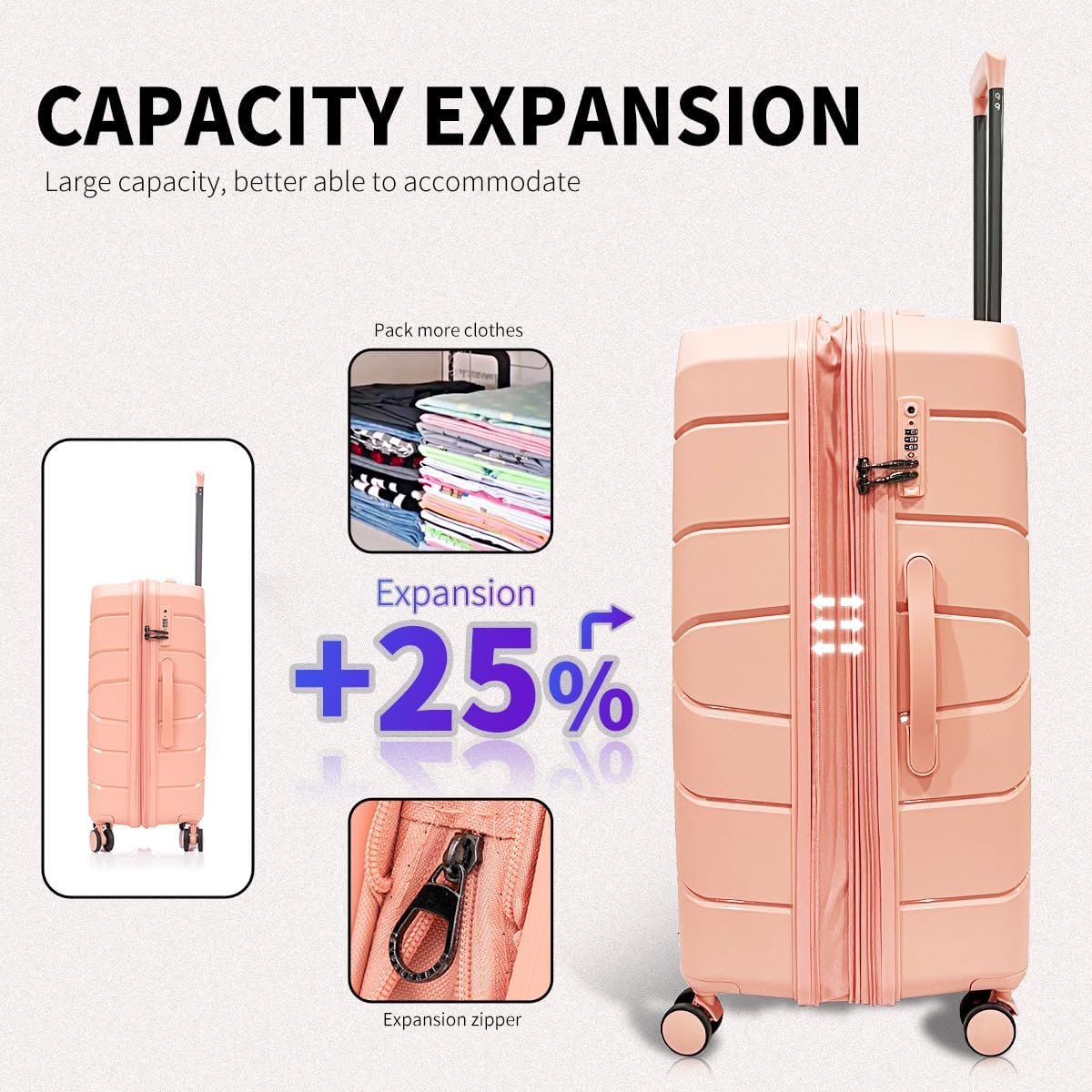 Luggage Set 3 Piece 100% PP Heavy Duty Hardside Expandable Suitcase Set with TSA Lock Double Spinner Wheels (20/24/30 inch, Light Pink) - Image 3