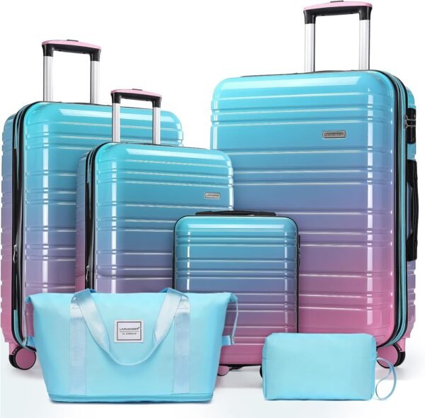 LARVENDER Luggage Sets 6 Piece, Expandable PC+ABS Hardside Multicolor Suitcase Sets with TSA Lock Double Spinner Wheels, Cotton Candy - Image 2