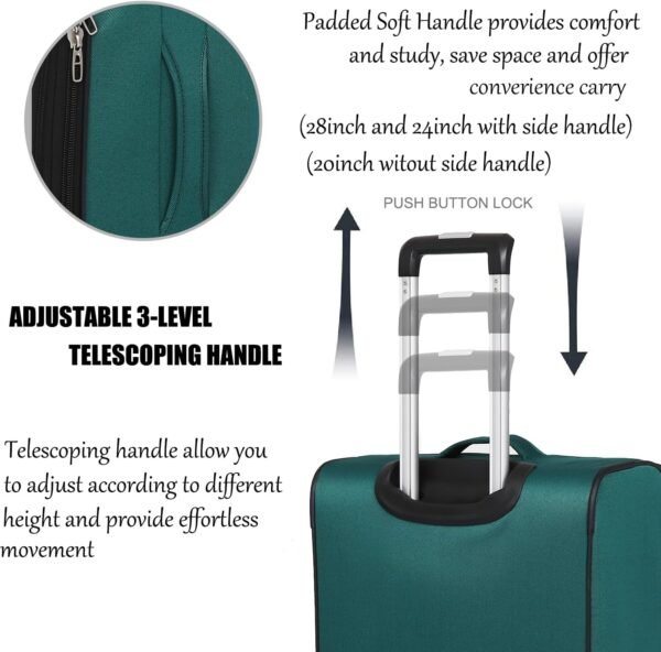 3pcs Set Softside Luggage Sets With Spinner Wheels, Expandable Softshell Suitcase Set, 28inch, 24inch, 20inch luggage with front pocket, Lightweight fabric luggage(GREEN) - Image 4
