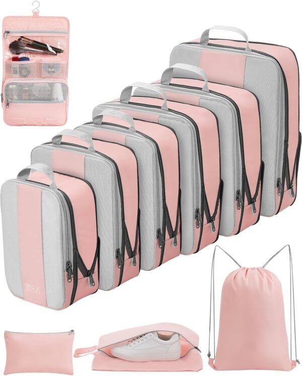 10 Set Compression Packing Cubes for Travel Essentials,Compressible Expandable Packing Cubes for Suitcase,OlarHike Luggage Organizer Bags for Travel,Handy Helper for Organizing Clothes(Pink) - Image 2