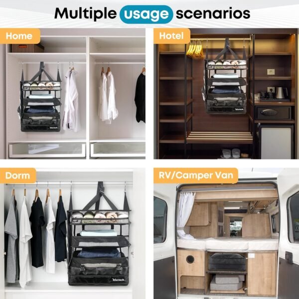 Hanging Suitcase Organizer & Travel Shelves, Hanging Packing Cubes for Travel, Suitcase Hanging Organizer for Carry-on Luggage, Easy Packing & Wrinkle-Free Clothes, Black - Image 8
