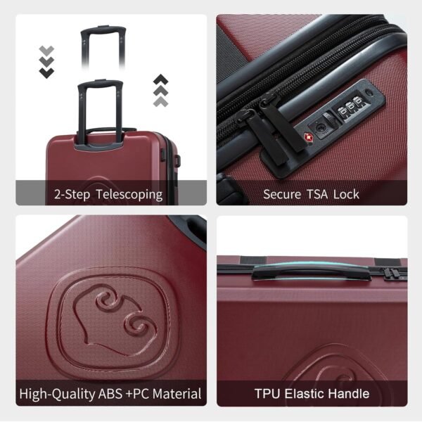 3 Piece Luggage Set, PC+ABS Lightweight Suitcase Sets with Spinner Wheels, Expandable Hardside Carry-On Luggage with TSA Lock Red (20/24/28) - Image 6