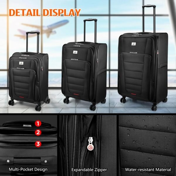Verdi Softside Expandable Carry-On Luggage with Spinner Wheel USB Port Lightweight (Black, 20-Inch Carry-On) - Image 8
