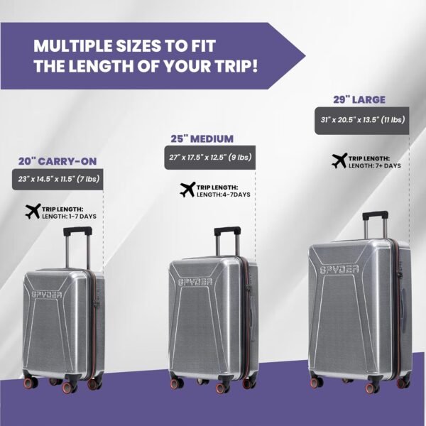 Spyder Traverse 3 Piece Luggage Set, 360° Spinner Wheels, TSA Approved Lock, (20 Inch, 25 Inch, 29 Inch), Silver - Image 8