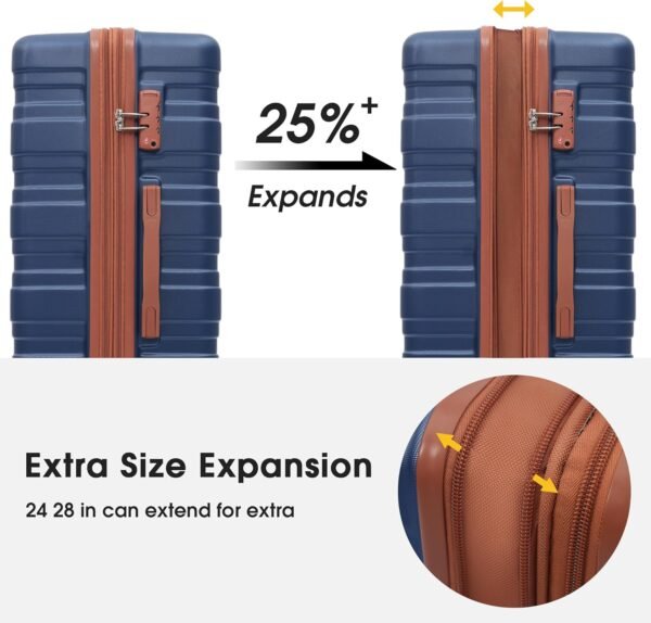 Merax Hardside Spinner Luggage with TSA Lock Expandable Lightweight Suitcase 20inch 24inch 28 inch Available(Navy and Brown, 3-piece Set(20/24/28)) - Image 4