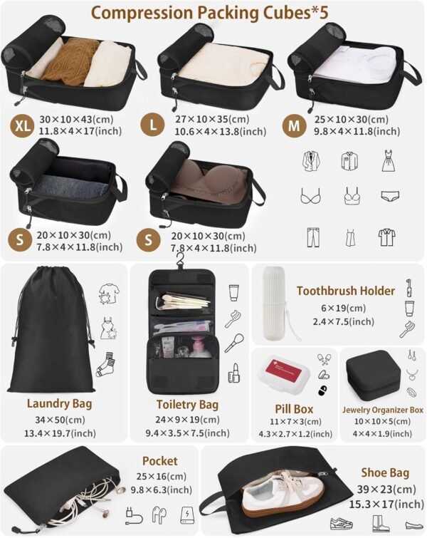 Compression Packing Cubes 12 Set, Suitcase Organizers, Luggage Organizer Bags for Travel, Extendable Packing Cubes for Travel Compression, Travel Essentials, Black - Image 3