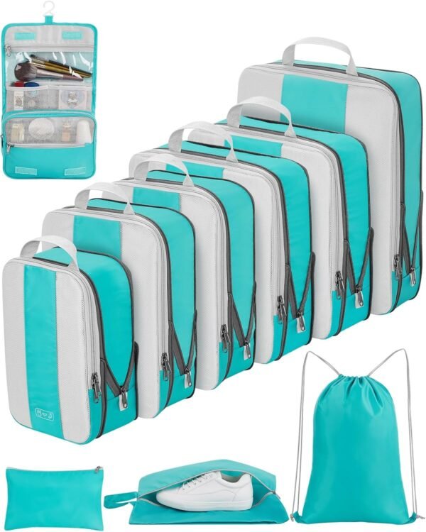 10 Set Compression Packing Cubes for Travel Essentials,Compressible Expandable Packing Cubes for Suitcase,OlarHike Luggage Organizer Bags for Travel,Handy Helper for Organizing Clothes(Cyan) - Image 2