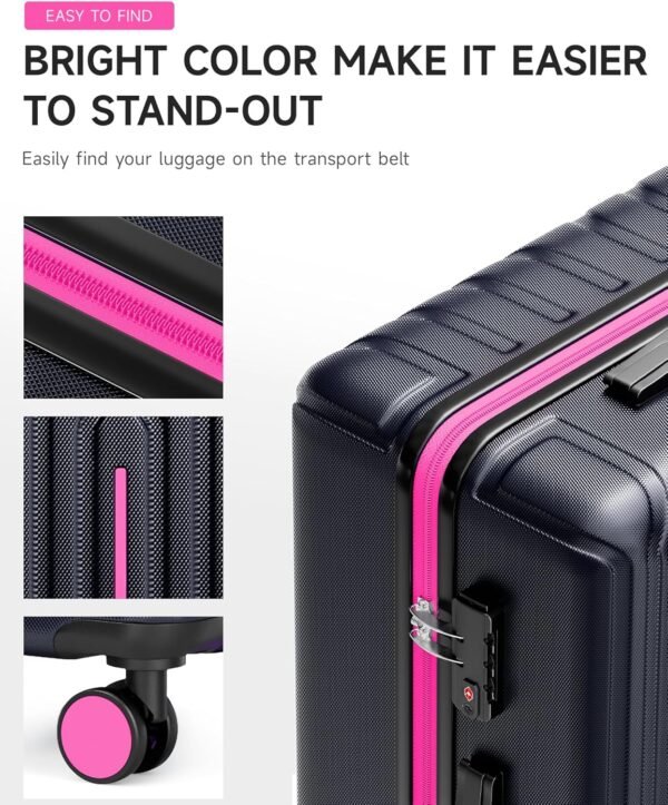 20 inch Carry-on Luggage Hardside Lightweight Suitcase with Spinner Wheels TSA Lock Airline Approved Suitcase for Travel Business, Rose Red With Dark Blue - Image 4