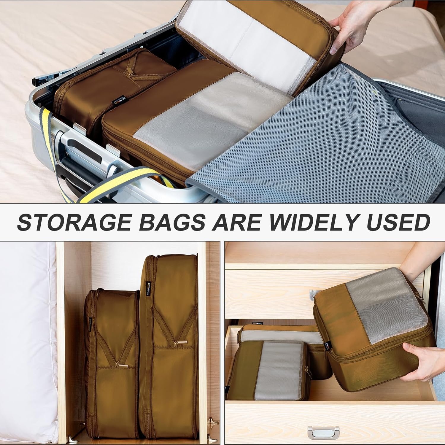 6 Set Compression Packing Cubes for Travel Essentials, Luggage Organizers for Carry On Suitcases, Space Saving Storage Bags (Dark Brown) - Image 6