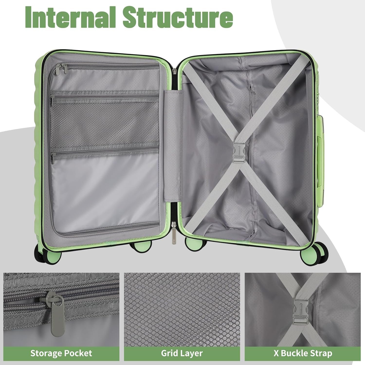 Lightweight Luggage with Spinner Wheels & YKK Zipper, 3-Piece Suitcase ABS+PC Hardside Luggage Set with TSA Lock, Light Avocado Green (20+24+28 inch) - Image 6