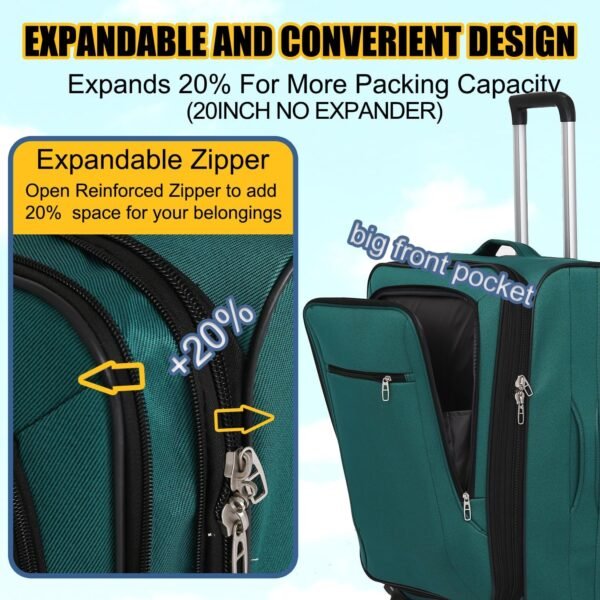 3pcs Set Softside Luggage Sets With Spinner Wheels, Expandable Softshell Suitcase Set, 28inch, 24inch, 20inch luggage with front pocket, Lightweight fabric luggage(GREEN) - Image 6
