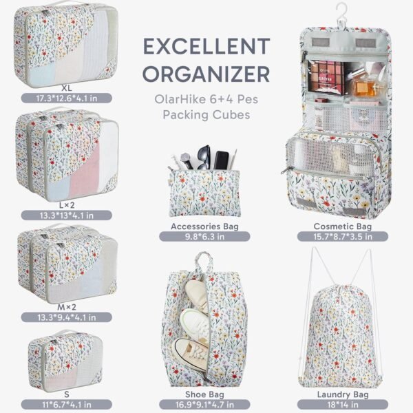 OlarHike Travel Accessories ALL INCLUDED 10 Set Sturdy Packing Cubes for Suitcases, UPGRADED Anti-Tear Stitching, NEW Improved Luggage Packing Organizers, Essentials for Travel (Flower) - Image 3
