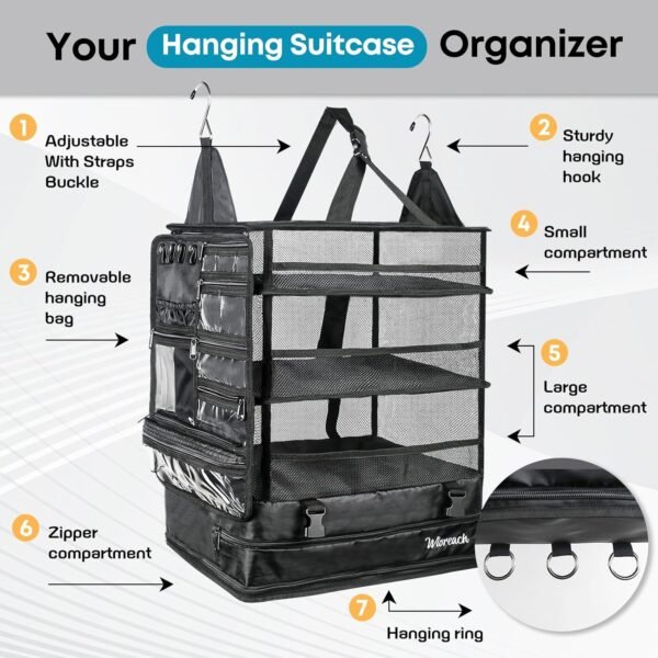 Hanging Suitcase Organizer & Travel Shelves, Hanging Packing Cubes for Travel, Suitcase Hanging Organizer for Carry-on Luggage, Easy Packing & Wrinkle-Free Clothes, Black - Image 3