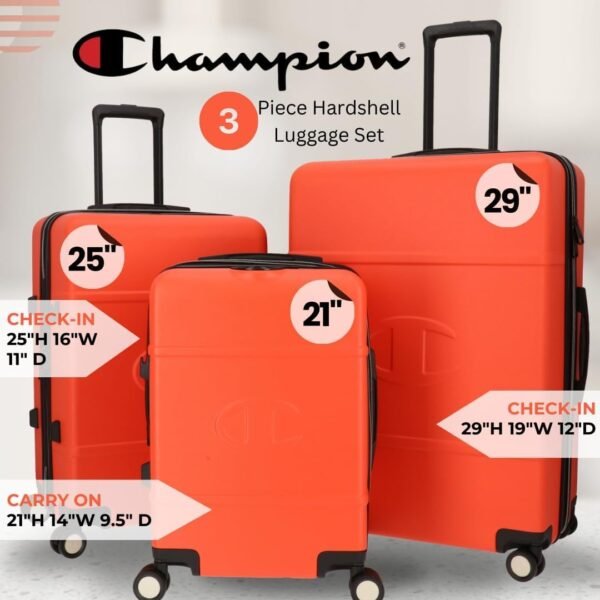 Champion 3-Piece Luggage Set - 21” 25” 29” Hardshell Suitcases with 8 Spinner Wheels - Expandable Carry-On & Checked Luggage - Durable ABS Material - Travel Bags for Men & Women - Mandarin Red - Image 3