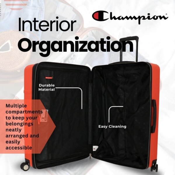 Champion 3-Piece Luggage Set - 21” 25” 29” Hardshell Suitcases with 8 Spinner Wheels - Expandable Carry-On & Checked Luggage - Durable ABS Material - Travel Bags for Men & Women - Mandarin Red - Image 5