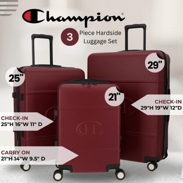 Champion 3-Piece Luggage Set - 21” 25” 29” Hardshell Suitcases with 8 Spinner Wheels - Expandable Carry-On & Checked Luggage - Durable ABS Material - Travel Bags for Men & Women - Tawny Port - Image 3