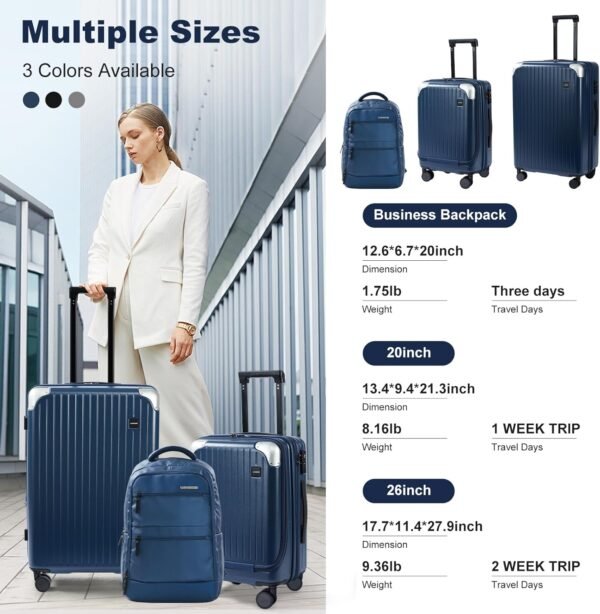 LARVENDER Luggage Sets 3 Piece Expandable 20inch Carry On Luggage Suitcase with Front Pocket, Hardshell 28inch Checked Luggage with Spinner Wheels, TSA Lock for Men & Women, Blue - Image 7
