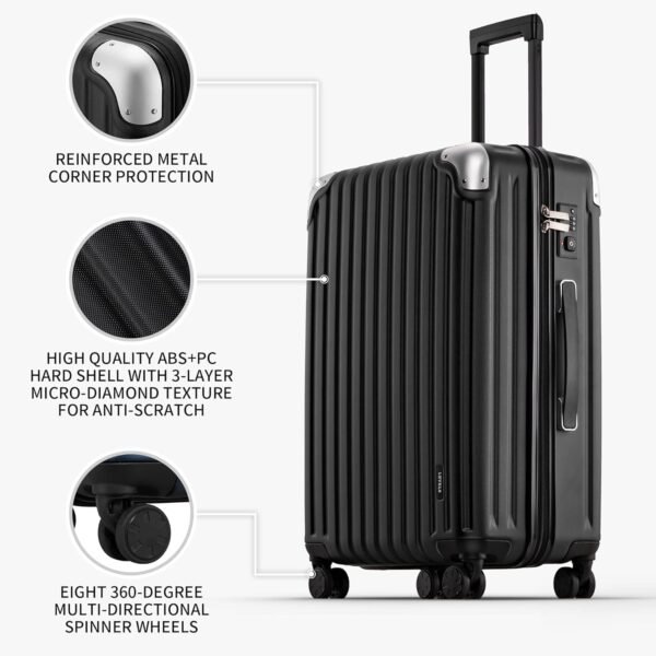 LEVEL8 Grace Luggage Sets Hardshell Suitcase with Wheels, Sturdy Large Suitcase Tsa Lock 20 Inch Expandable Carry on 24 Inch 28 Inch Checked Luggage, 3-Piece Set (20/24/28), Black - Image 3