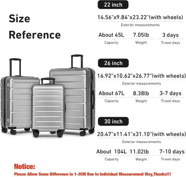 KYME Luggage Sets 3 Piece Hardshell 22in/26in/30in Suitcases with Spinner Wheels Hardside Suitcase Sets with TSA Lock Travel Rolling Luggage Set for Women Men Silver Grey - Image 8